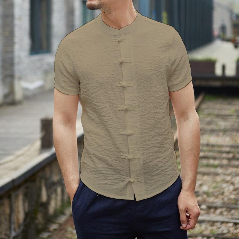 Men's 2024 Summer Chinese Style Frog Button Stand Collar Short Sleeve Plus Size Shirt