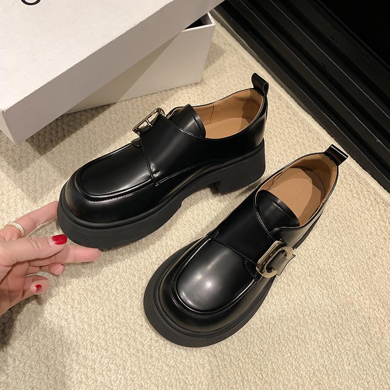 Małe skórzane buty, nowe damskie miękka skóra styl brytyjski gruba podeszwa czarne wszechstronne półokrągła klamra podwyższające buty na płaskiej podeszwie