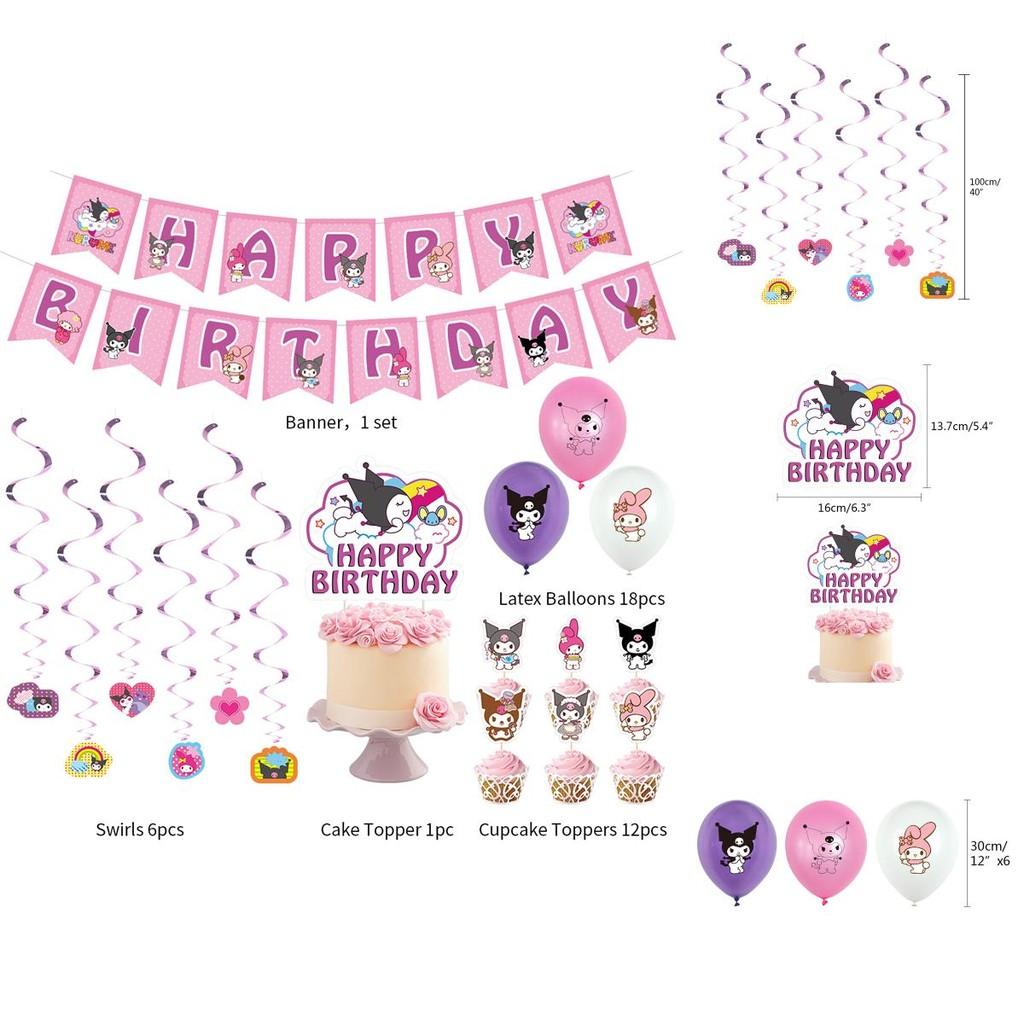 Kuromi Themed Birthday Party Decor Supplies Set With Flag Cake Spiral Balloon And Bright Colorful Toppers