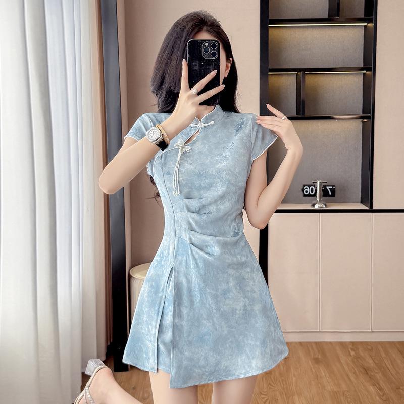 Contemporary Qipao Jacquard Dress & Shorts Set