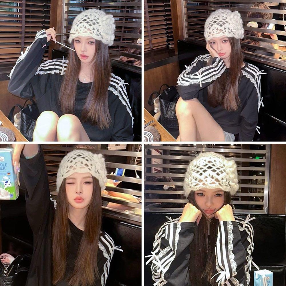 

Casual Baotou Hat Flowers Beret Cap Breathable Skullies Hat for Women білий