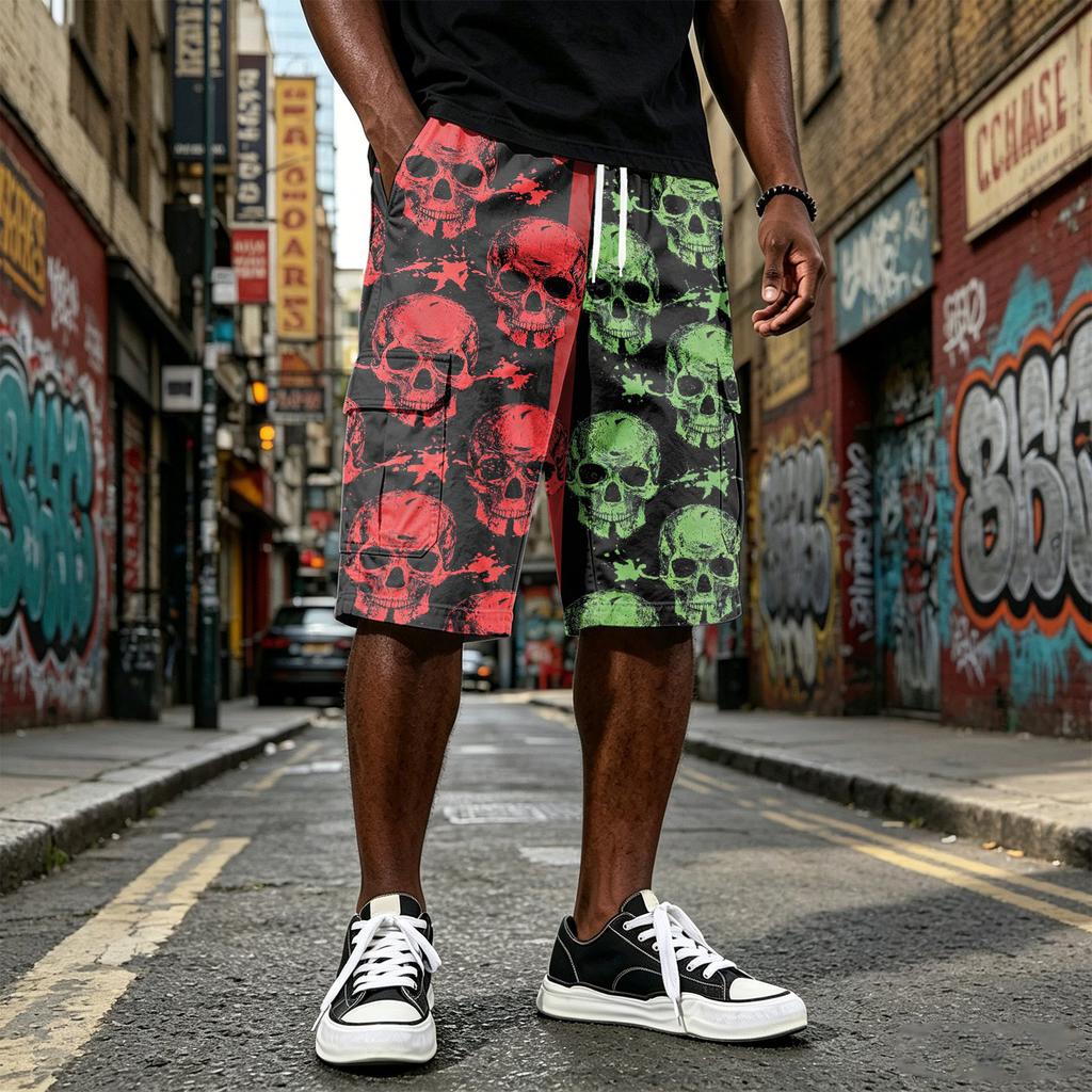 Pantaloncini casual da uomo con coulisse, colorati, al ginocchio, con tasche multiple