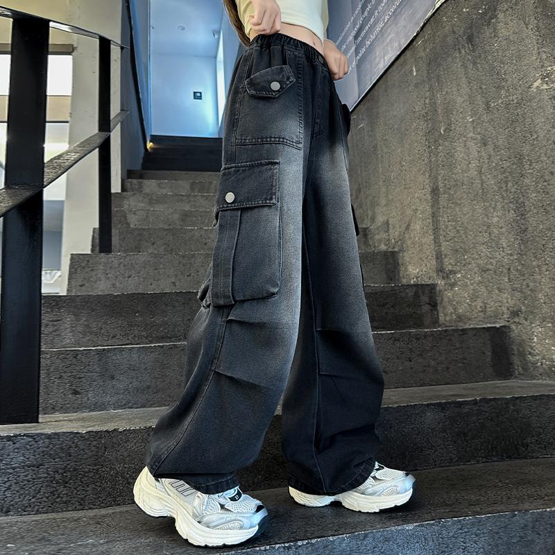 Spring and Autumn Girls' Jeans  Kids Vintage Distressed Jeans with Pocket for Girls High Street Denim Pants Teens Child Baggy Cargo Jeans Trousers