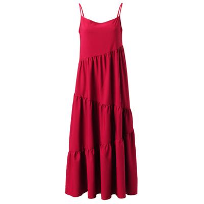 Damen Frühling und Sommer Lockeres Kleid Träger Strand Einfarbig Plissee Kleid Langes Kleid