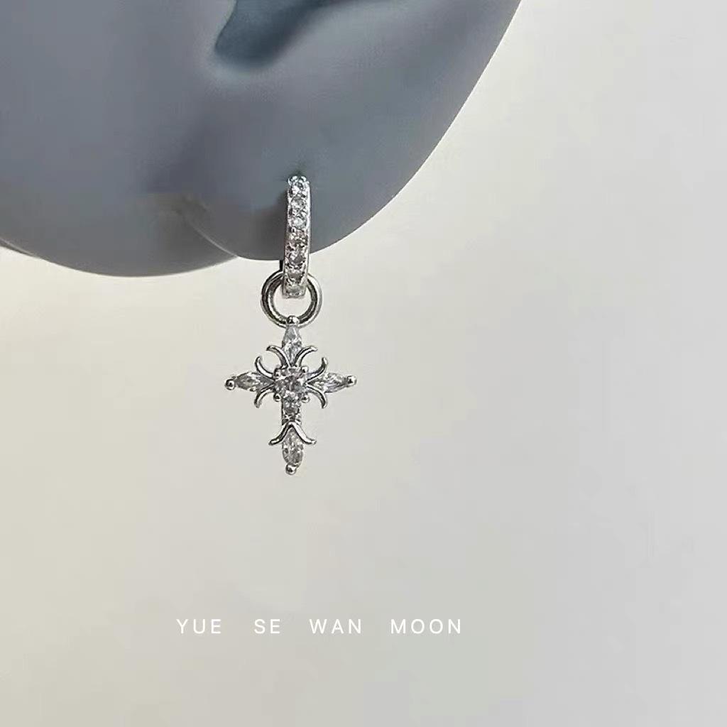Diamond Iris Flower Detachable Ear Cuff with Cross Pendant – Versatile Copper Earring Jewelry.