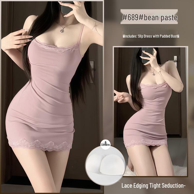 Xianyi Pure Desire Lace Splice Sexy Bodycon Sling Dress - Solid Color Sleepwear 689