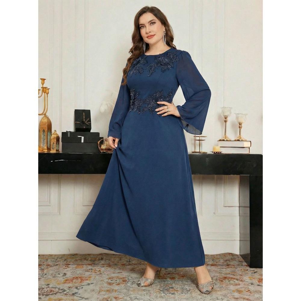 Plus Size Elegant Round Neck Beaded Embroidered Sequin Evening Gown Formal Wedding Party Bridesmaid Dress
