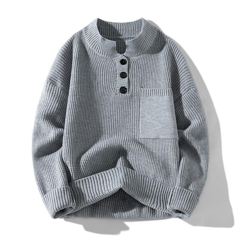 Nový podzimní a zimní svetr s polovičním rolákem na knoflíky, pletený svetr, pánský všestranný svetr-bunda