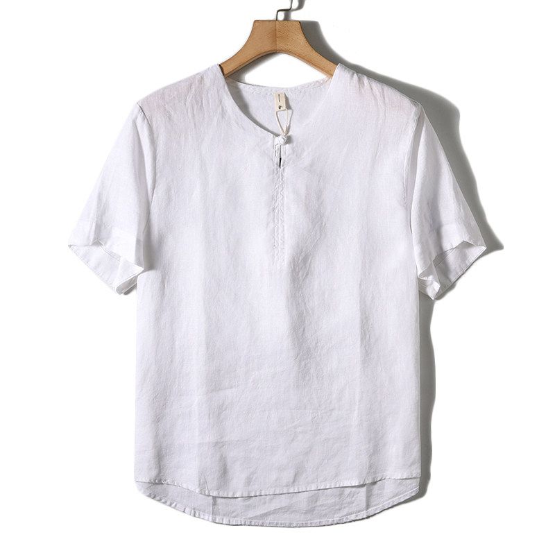 Chinese Pure Linen T-shirt Short Sleeve Men Retro Tang Suit