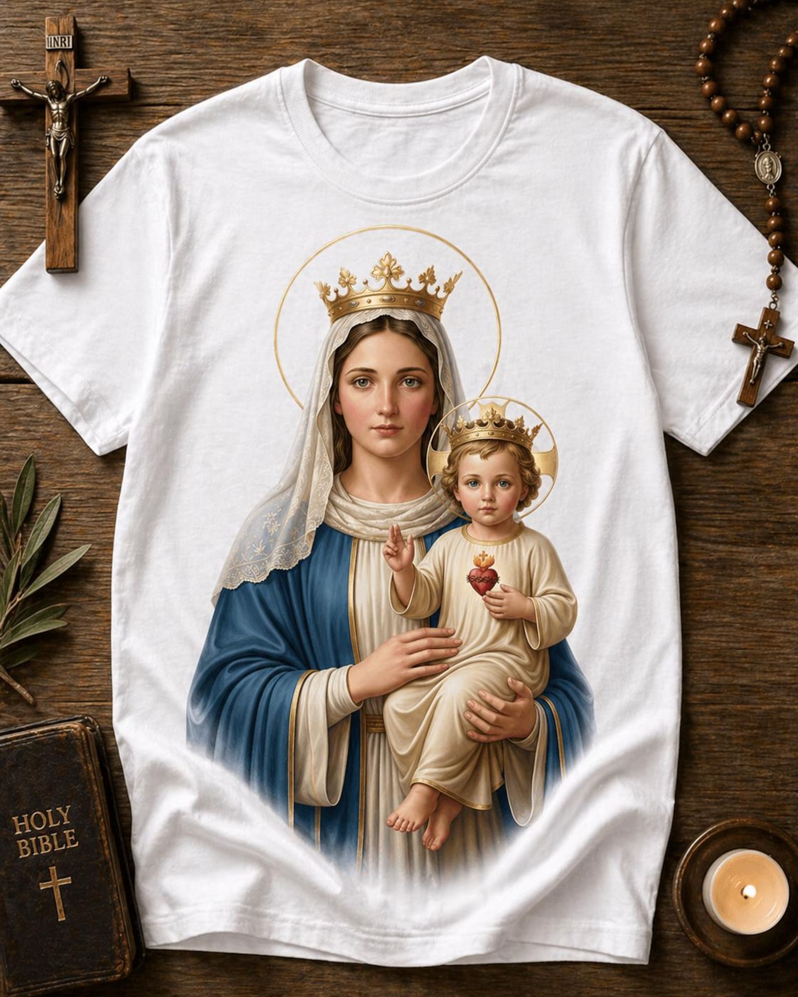 Virgin Mary Child T-Shirt – Catholic Religious Graphic Tee, Blessed Mother Apparel M