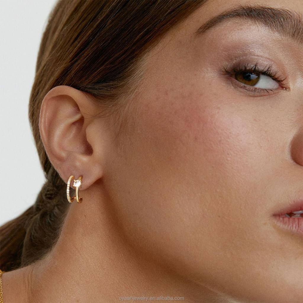 C Shape Zircon Earrings Gold Tone Stud Style Dangle Earrings for Women Hypoallergenic Dainty Fashion Jewelry
