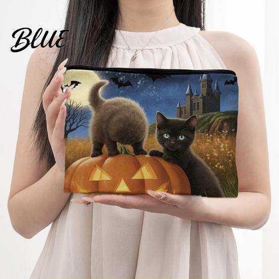 Festive Halloween Organizer Storage Bag with Pattern Printed Smooth Zipper Durable Bag Canvas Makeup Large Capacity Travel Cosmetic Pouch Witch