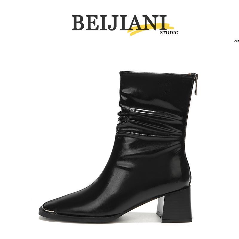 BEIJIANI 5598-6 Women's Retro Pleated Square Toe Chunky Heel Ankle Boots - Autumn/Winter Style