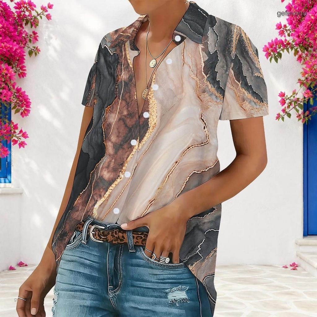 Women Plus Size Short Sleeve Shirt Abstract Geometric Print Button Down Casual Blouse Loose Fit Tops For Summer Daily Office Wear