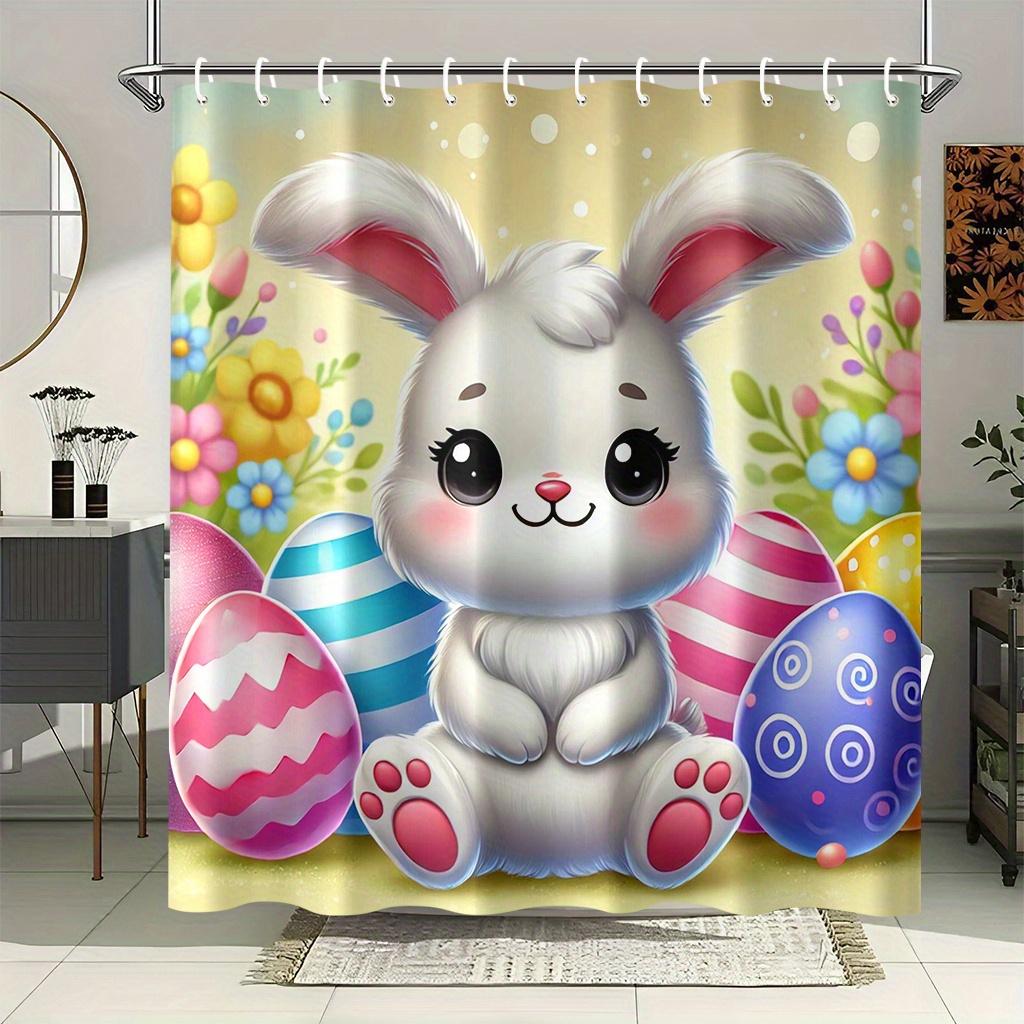 

Cute Easter Bunny Shower Curtain - Colorful Eggs & Spring Flowers, Festive Cartoon Animal Bathroom Decor W60H190(CM)-1 Pcs