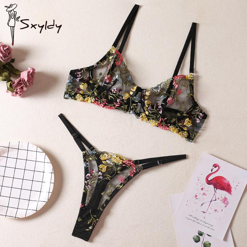 Sexy, einlagiger Bügel-BH mit kleinem Blumenmuster, verstellbarer Tanga, sexy Unterwäscheset