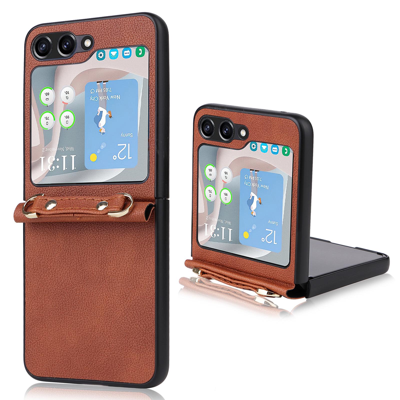 

For Samsung Galaxy Z Flip5 5G One-Piece PU+PC Phone Case Cell Phone Protective Cover with Long Strap Brown