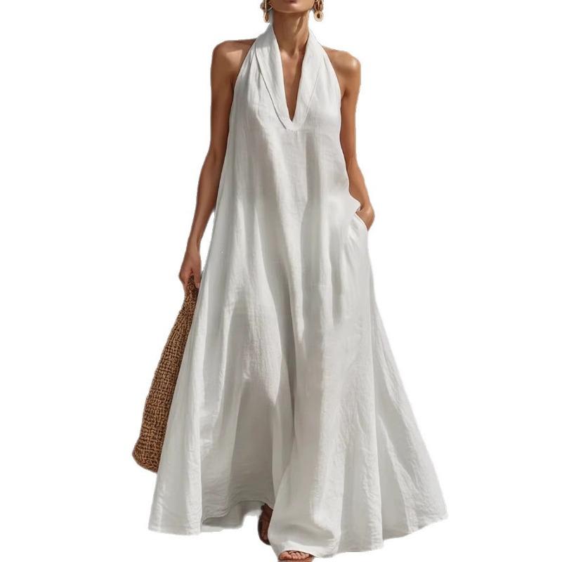 Robes d'été amples à col en V élégantes pour femmes 2026 Nouvelle Robe longue à bretelles au cou Robe trapèze pour fête de vacances Robe mode ample street chic pour jeunes femmes