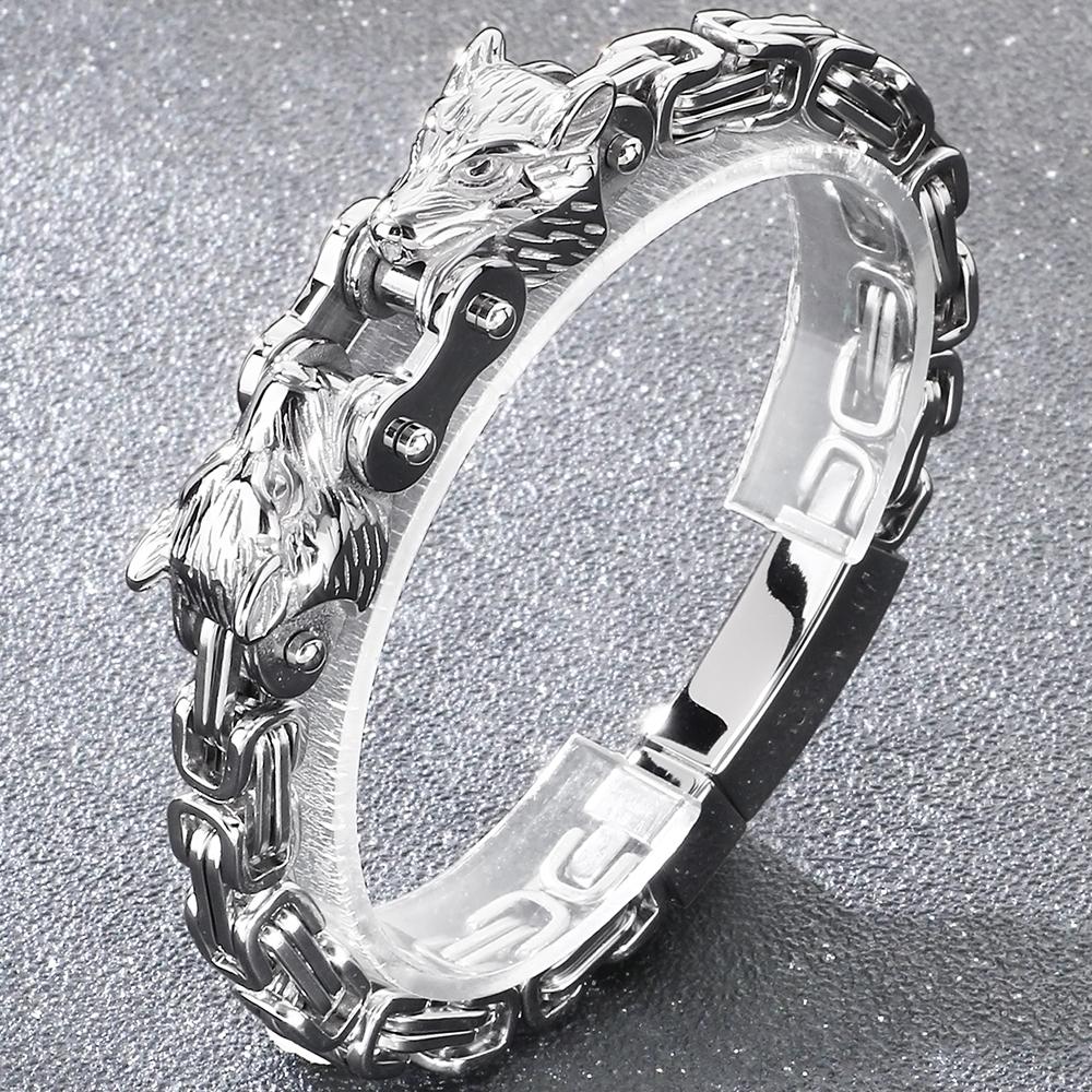 

Viking Double Wolf Head Link Chain Bracelet for Man 316l Stainless Steel Biker Charm Bracelets Vintage Punk Motorcycle Jewelry 21CM серебряный