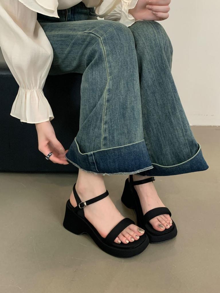 Korejská verze všestranných jednoslovných bot na vysokém podpatku, cool pantofle k sukni, dámská obuv, letní platformové francouzské sandály, dámská obuv