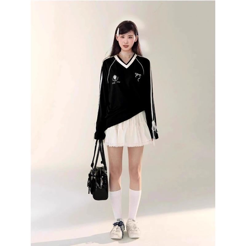 Bow Tie Women Long Sleeved T-shirts V-neck Loose Long Sleeved Pullover Tee Korean Style Autumn New Fashion Women's Top