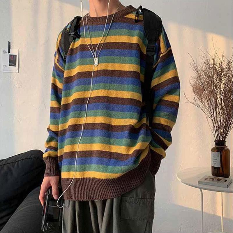 Korean Contrasting Colors Striped Pullovers Knitted Men's Casual Loose Autumn Winter O-Neck Long Sleeve Sweaters