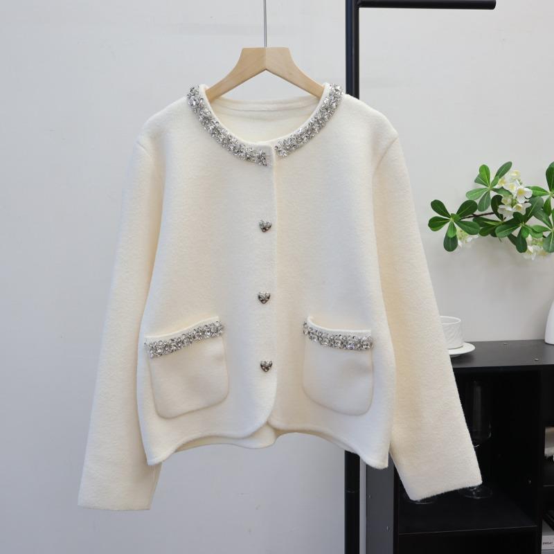 Heavy Industry Neckline Diamond Knitted Double-Sided Cardigan Women's Autumn and Winter New High-end Sweater Jacket