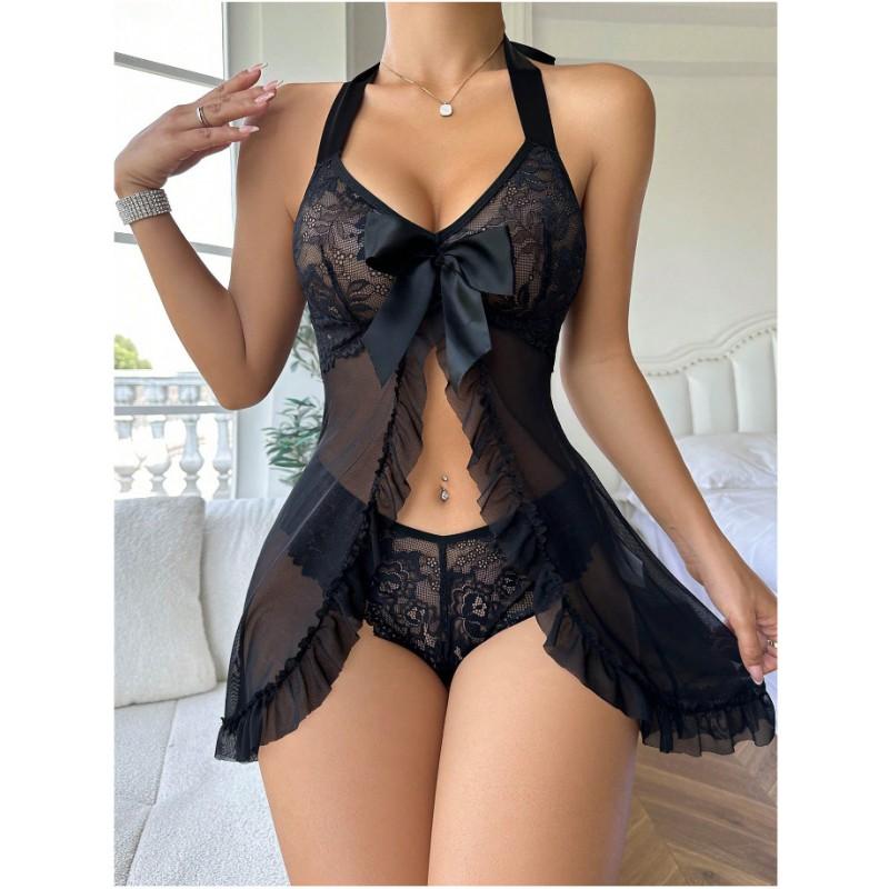 Lace V-Neck Babydoll Chemise Set Women Sexy Lingerie In Black White Red Pink Navy Lavender S M L XL XXL