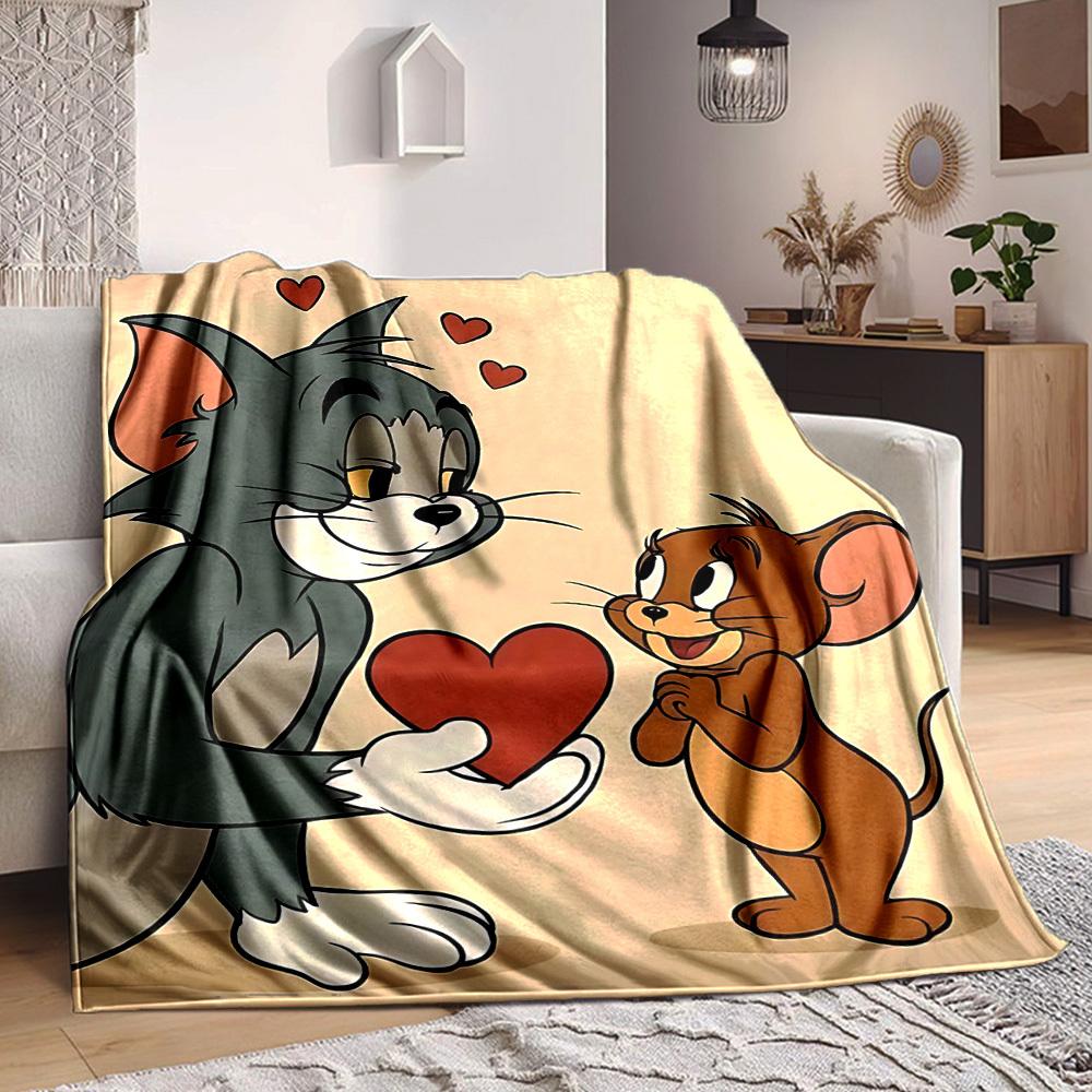 1pc Tom Jerry Love Heart Flannel Throw Blanket - Lightweight Soft Warm All-Season Blanket for Sofa, Bed, Travel, Camping L1029168