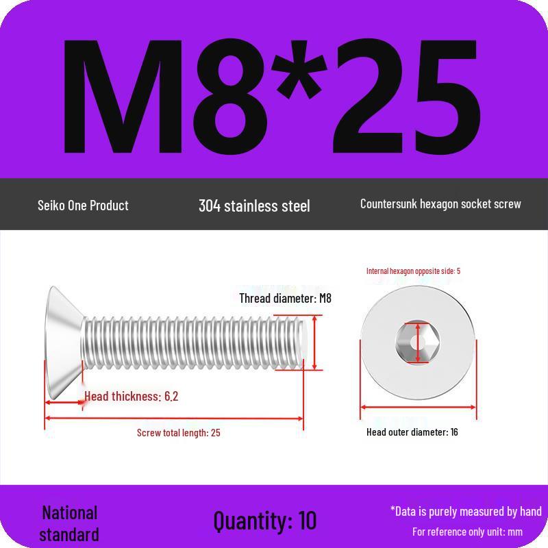 M2-M10 Stainless Steel Flat Head Machine Screws and Bolts Set, Countersunk Hex Socket Cap, 304 Grade.