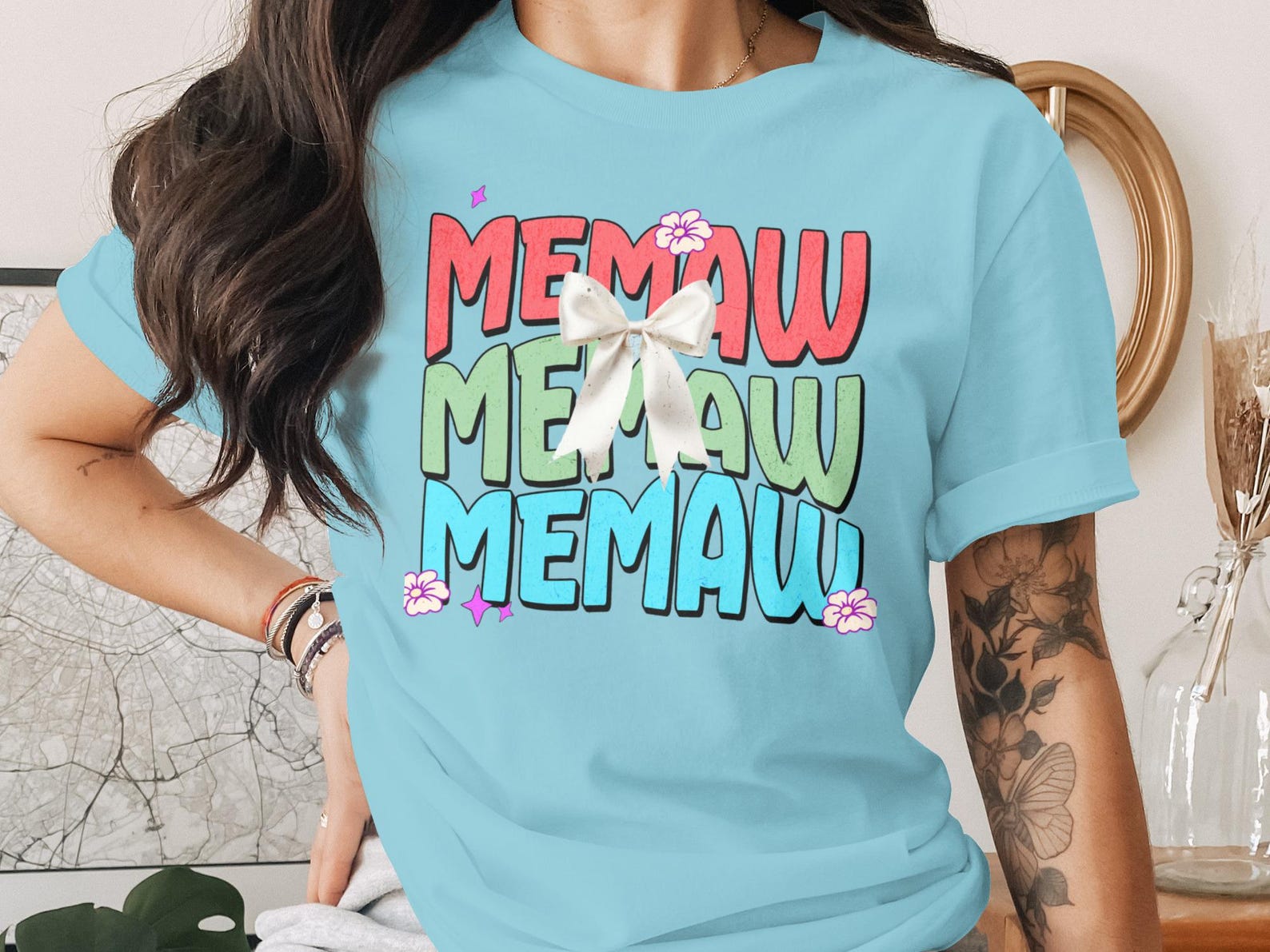 Me Maw T-Shirt, Distressed Floral Stars Bow Graphic Tee S