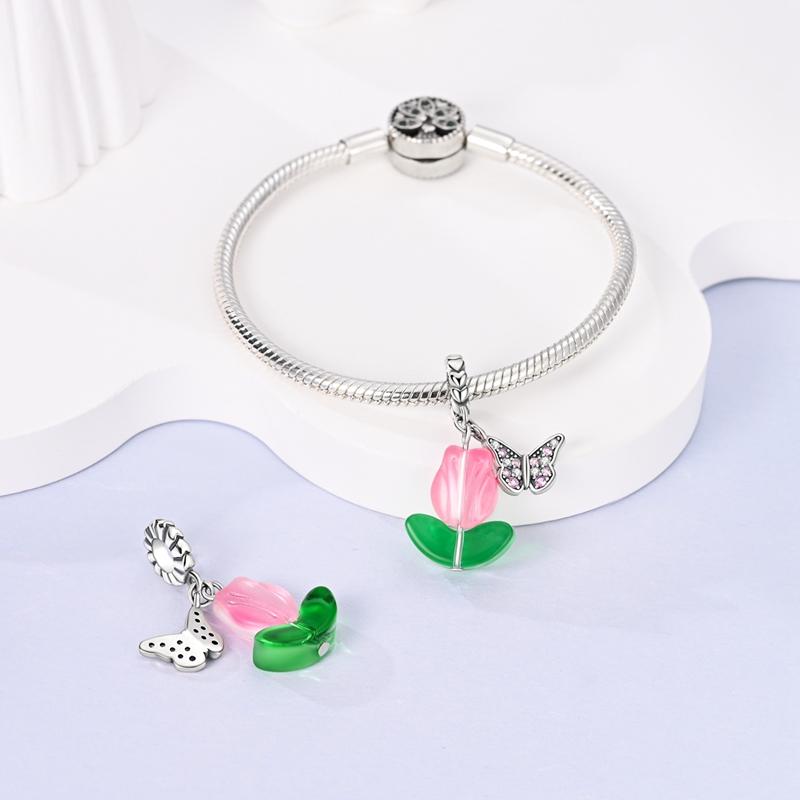 Charms Copper Pink Glass Butterfly Tulip Flower Pendants Fit Charms Plata Original Bracelet Beads Women Jewellery Making