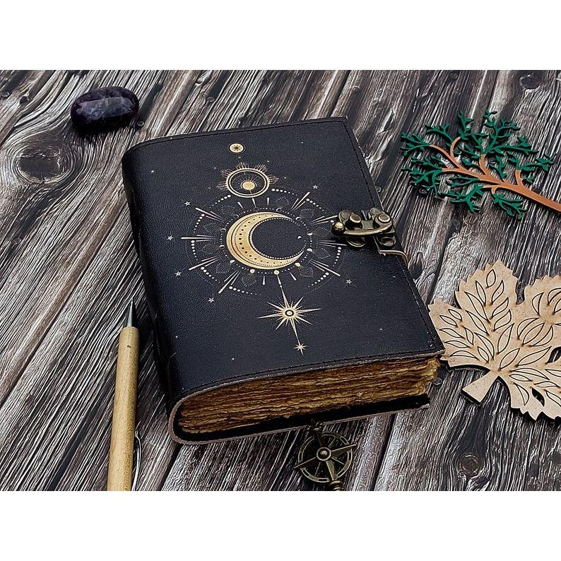 Sun Moon Leather Journal for Men Women 200 Pages of Antique Handmade Deckle Edge Vintage Paper Traveling Sketchbook Book