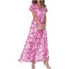 Women's V Neck Short Sleeve Floral Chiffon Maxi Dress A Line Casual Long Beach Dress