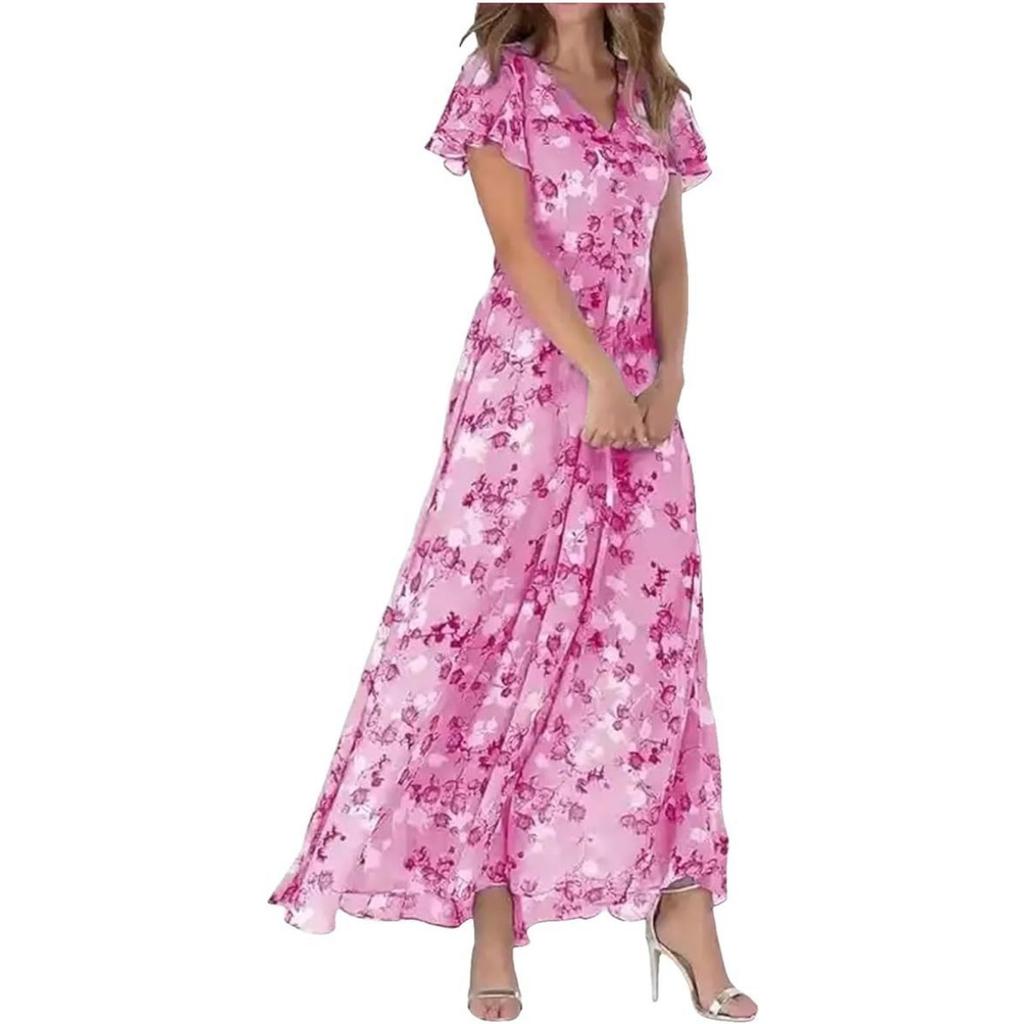 Women's V Neck Short Sleeve Floral Chiffon Maxi Dress A Line Casual Long Beach Dress