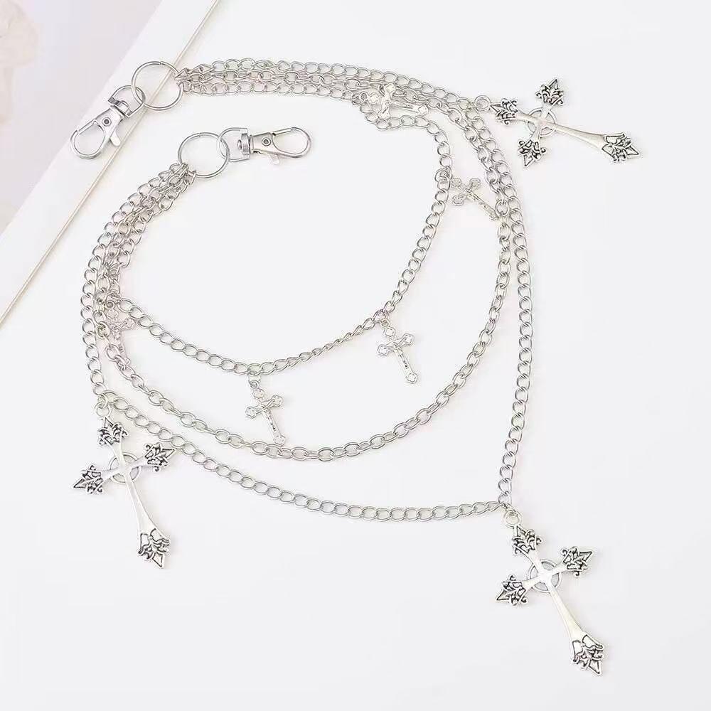 Punk Multi-Layer Cross Pendant Chain - Hot-Selling Metal Pants Accessory for Girls