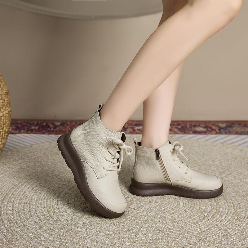 First layer cowhide autumn and winter leather Martin boots women's round head lace-up zipper retro casual shoes women