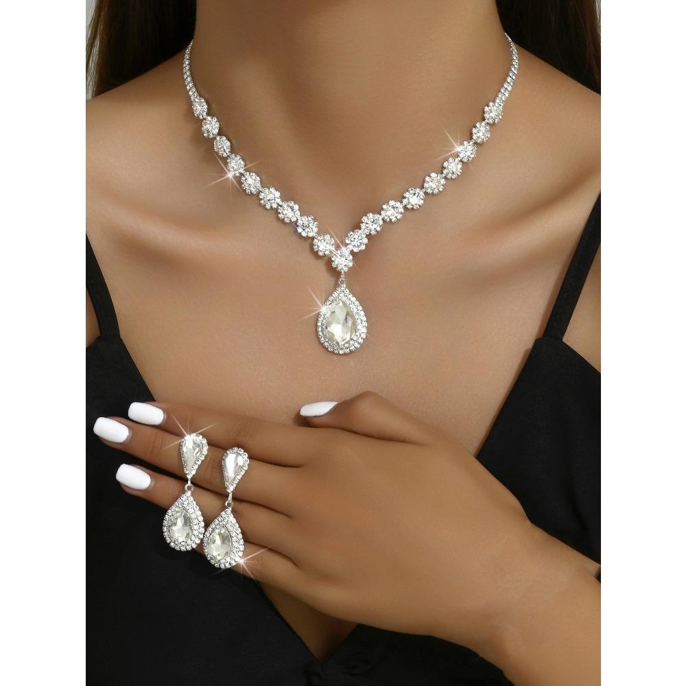 Wedding Jewelry Set, Necklace, Stud Earrings, Bracelet, Three-piece Set, Full of Diamonds and Flowers, Multi-color Set.