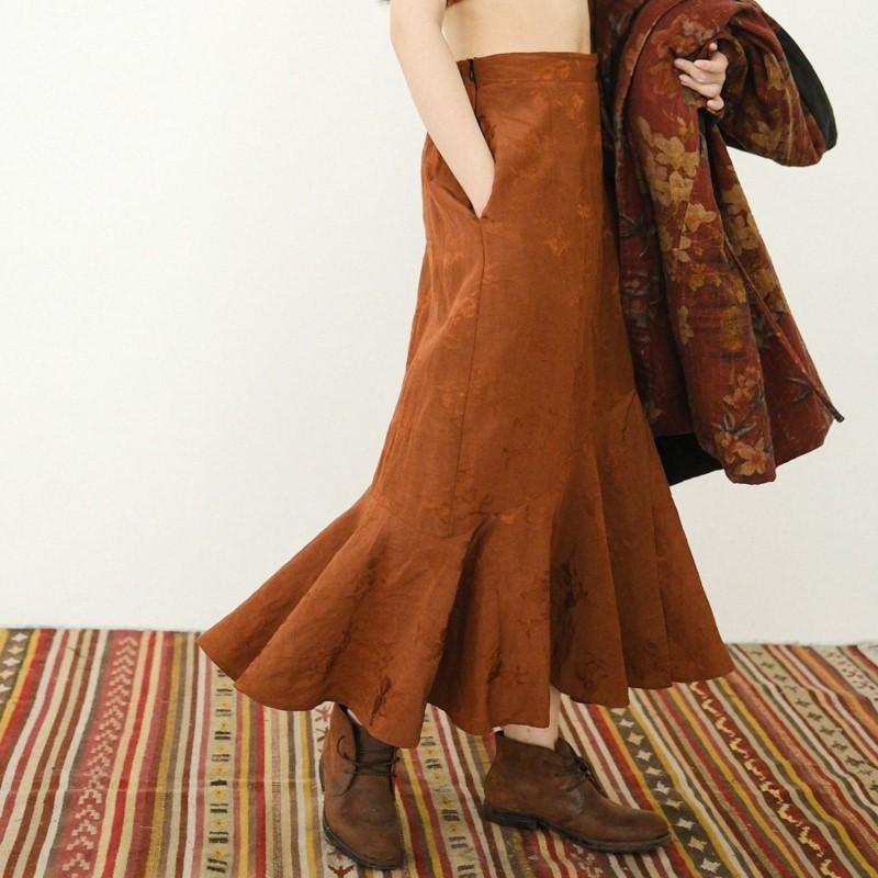 Johnature Women Vintage Linen Trumpet Skirts Solid Color Jacquard High Quality Spring Clothes Women Skirts