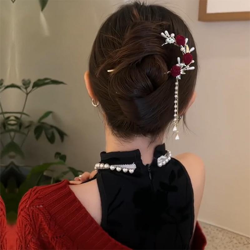 Red Camellia Tassel Hair Clips for Bridal Updo or Evening Gown