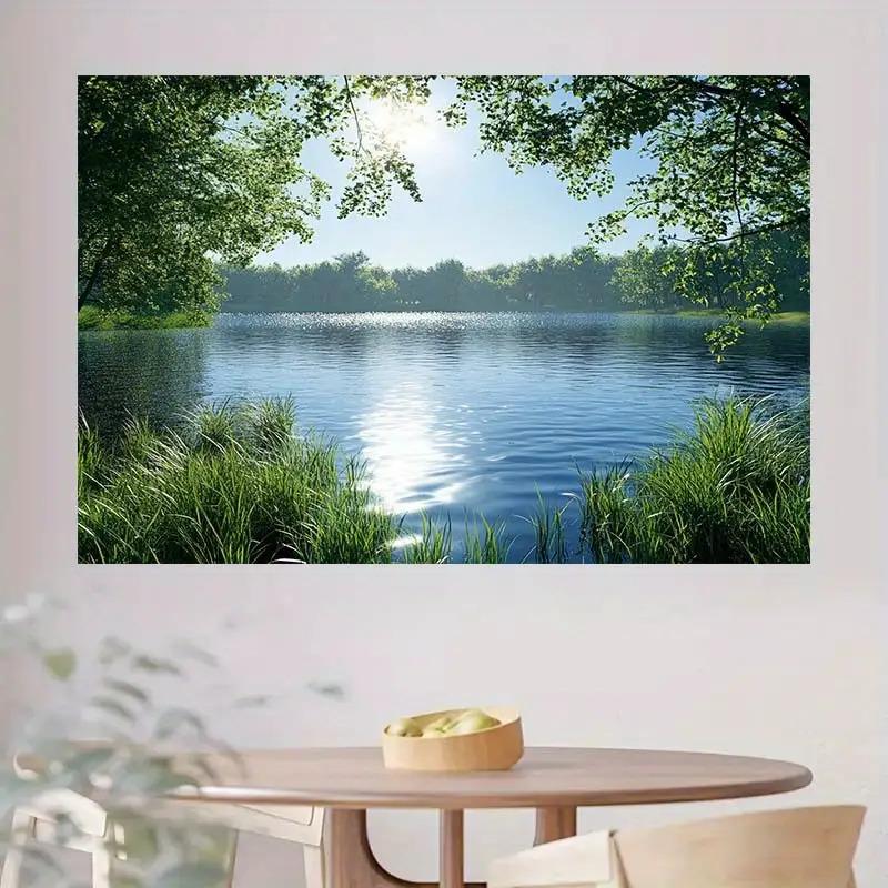 2D plane lake scenery background lush green trees dynamic decorations polyester fiber material