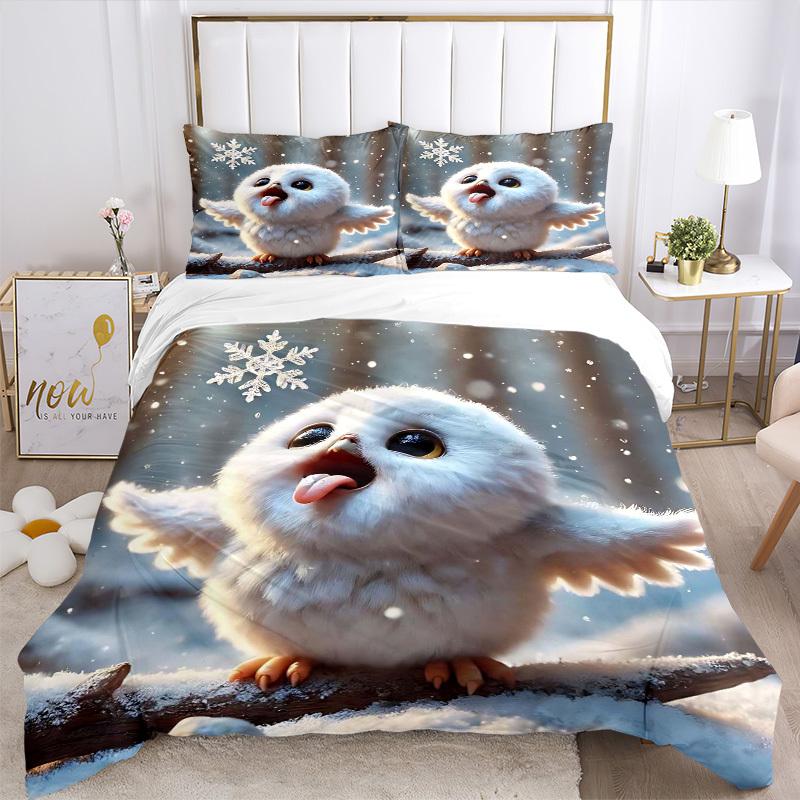 3-teiliges Winter Wonderland Schneeeule Bettwäsche-Set - Enthält einen Bettbezug und zwei Kissenbezüge (Kein Kern) - Festliches Geschenk für Schlafzimmerdeko - Pol