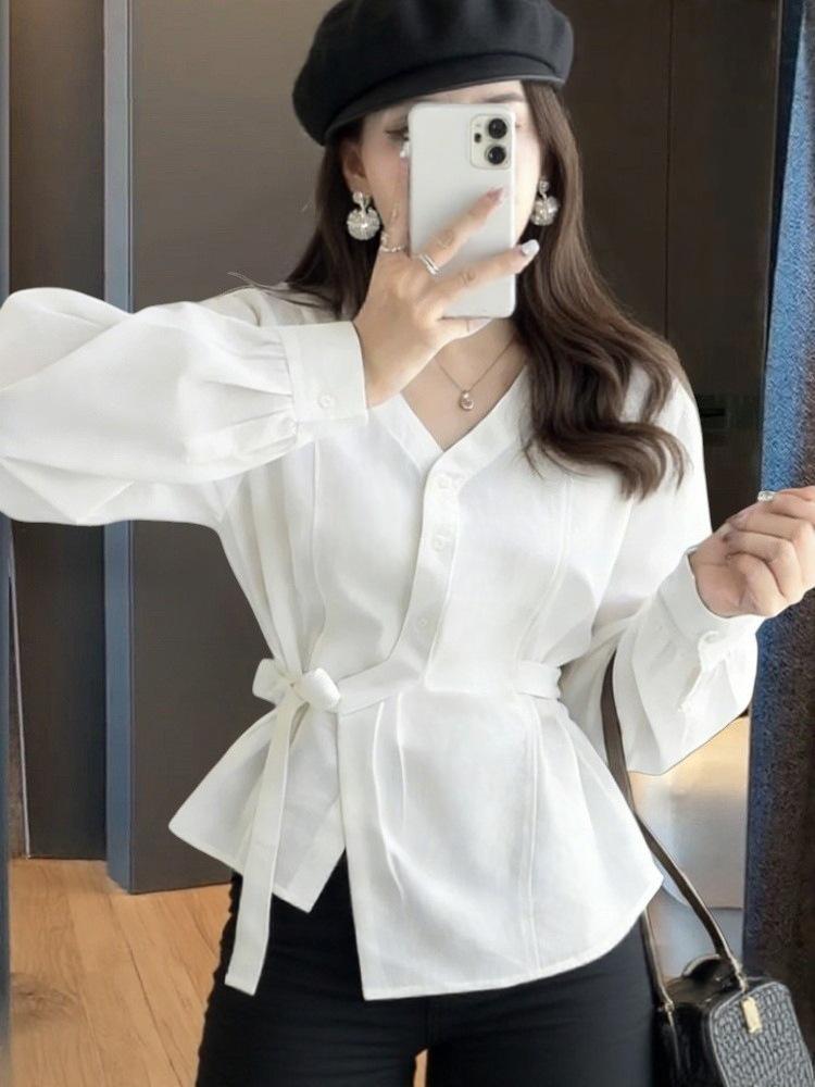 Korean Elegant V-Neck Tie-Waist Long-Sleeve Women s Spring Cardigan One Size белый