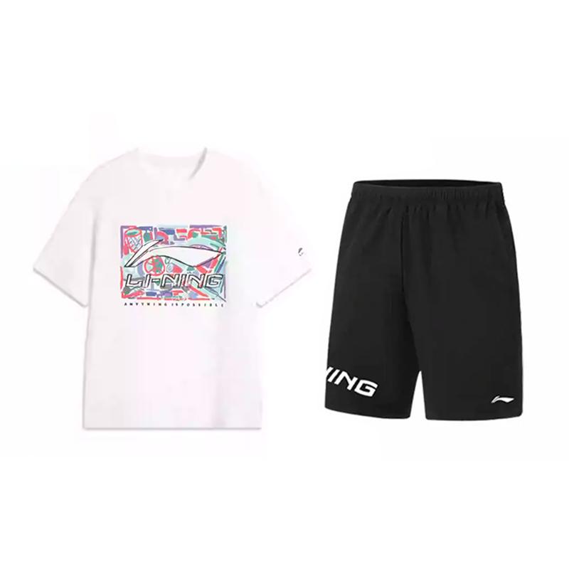 Li-Ning Comfortable Breathable Minimalist Versatile Short Sleeve T-Shirt Fashion Design Lightweight Shorts Casual Sports Suit AHSV291-1+YKSV113-1