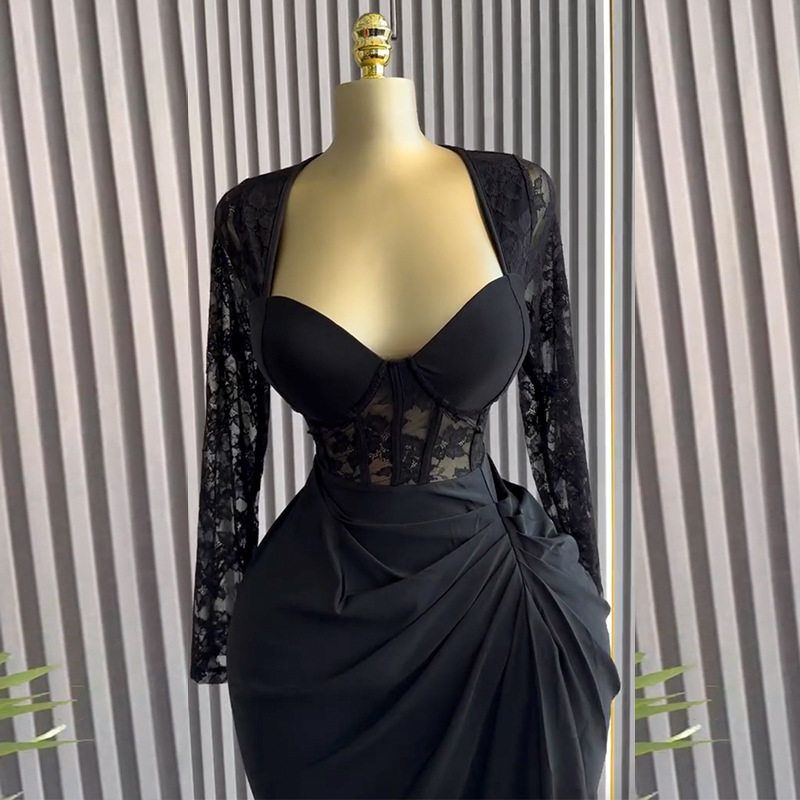 

European and American Style Women s Dress 2026 New Sexy Birthday Party Dress Lace Long-Sleeved High-Waisted Mid-Length Dress Black S