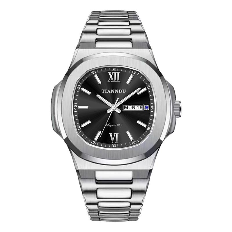 Tianbo Gold Men s Fashionable Quartz Watch: Luminous, Waterproof, Steel Strap, Double Calendar, Fully Automatic Movement