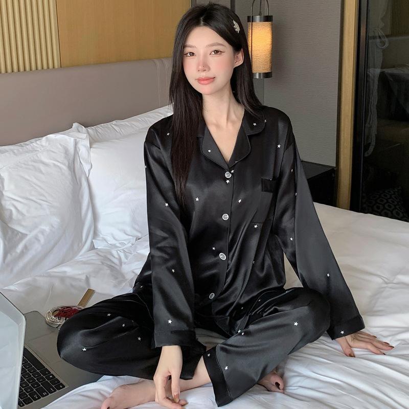 French Cute Cat Ice Silk Pajamas Women'S Spring And Autumn Sweet Wind Cool Long-Sleeved Loungewear Suit Can Be Worn Outside