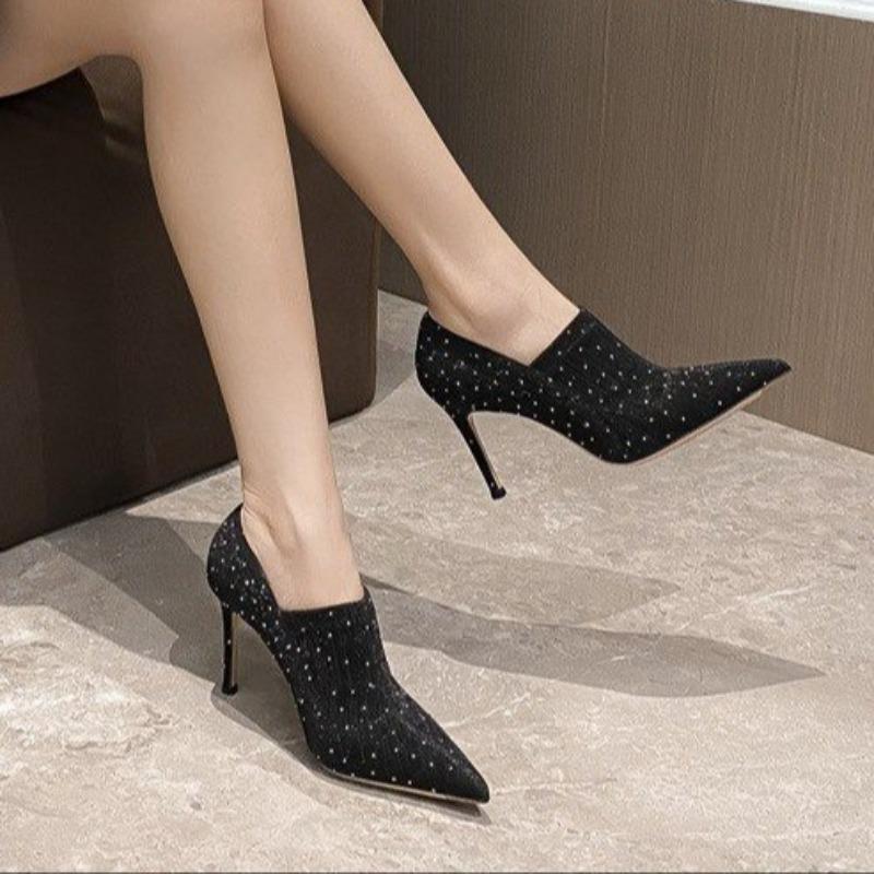Fashion Spring New Thin Heel Shoes Women Fashion Pointy Deep Mouth Sequin Cloth Suede Slip-on Wear-resistant High Heels