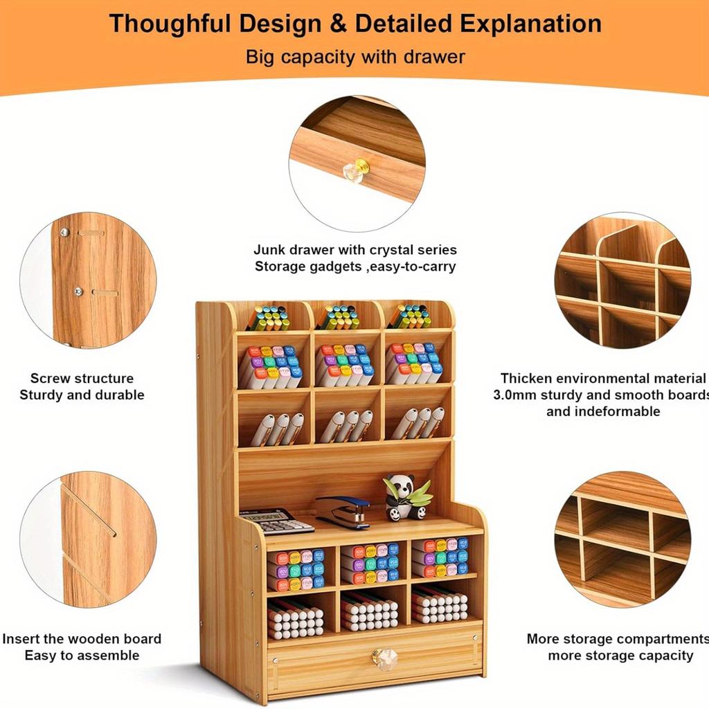 1pc A/B/C/D style Wooden Desk Organiser DIY pen container, Multiple grids Large Capacity Stationery Storage Pen Holder for Home,Office,School.
