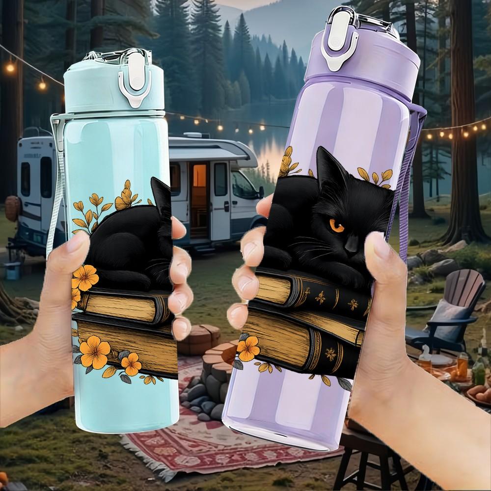 1PC Black Cat Stacked Books Graphic 750ml Color Plastic Sports Water Bottle Leakproof Flip Straw Lid Suitable for Sports Office Home Use